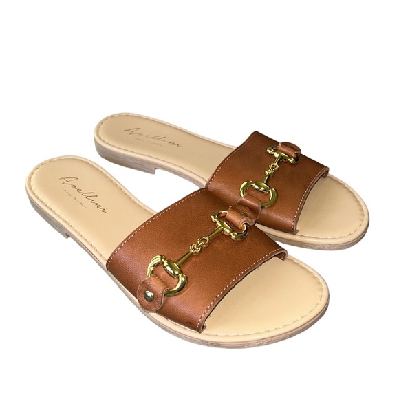 Avellini Italy Cognac Brown Faux Leather Gold Chain Bit Sandals Slides - 6.5 - Picture 2 of 15